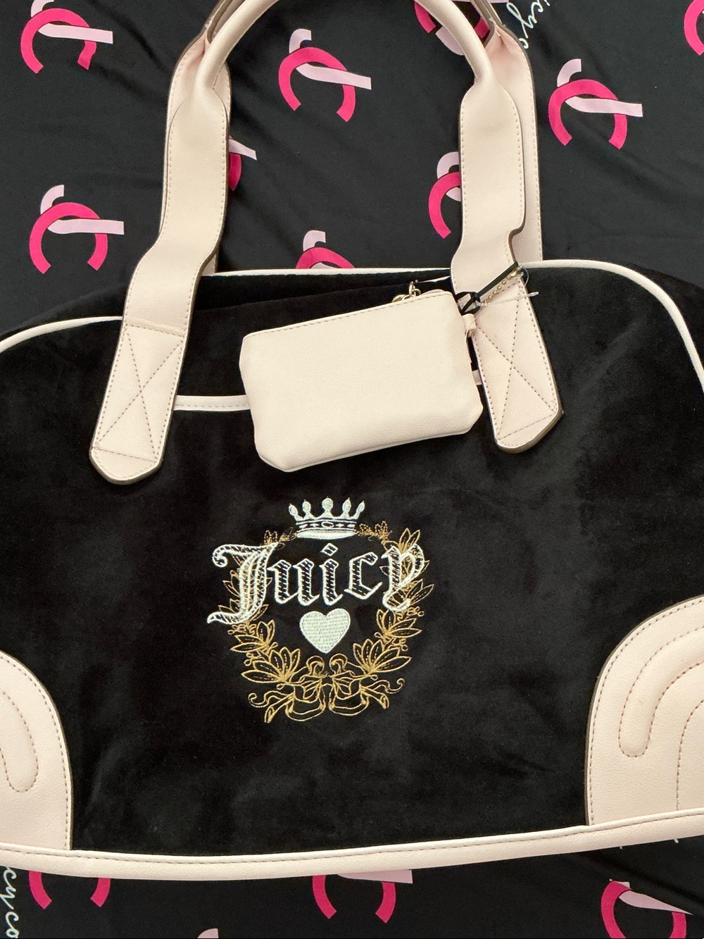 Juicy Couture black velour pink trim dome travel duffle, new